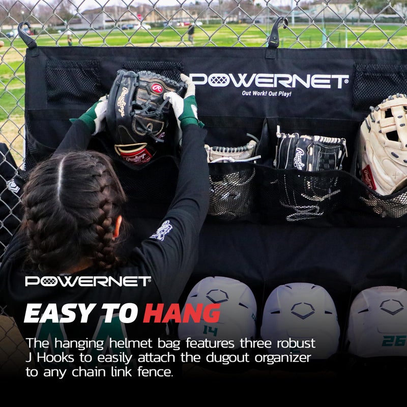 PowerNet Softball & Baseball Helmet Hanging Organizer, 12 Pocket Glove & Helmet Storage Holder & Dugout Organizer, Portable Baseball Gear Training Equipment Holder (Black) - Image 4